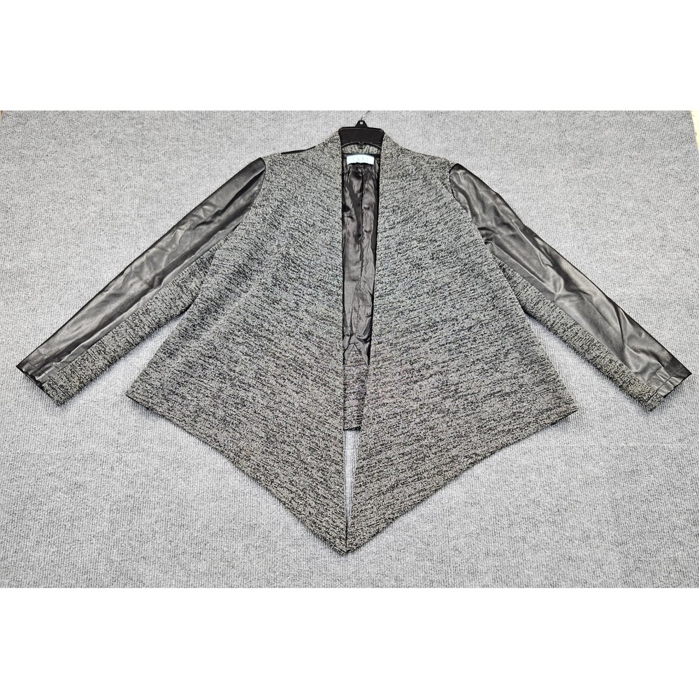 Joan Vass Womens Salt and Pepper Knit Faux Leather Trim Open Front Jacket Gray